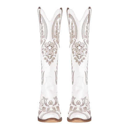 Embroidery Rhinestone Chunky Heel Knee High Boots