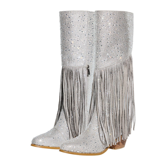 Chunky Heel Rhinestone Tassel Knee High Boots