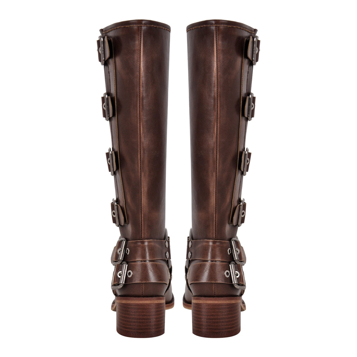 Round Toe Chunky Heel Buckle Strap Western Knee-High Boots