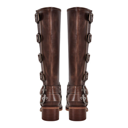Round Toe Chunky Heel Buckle Strap Western Knee-High Boots