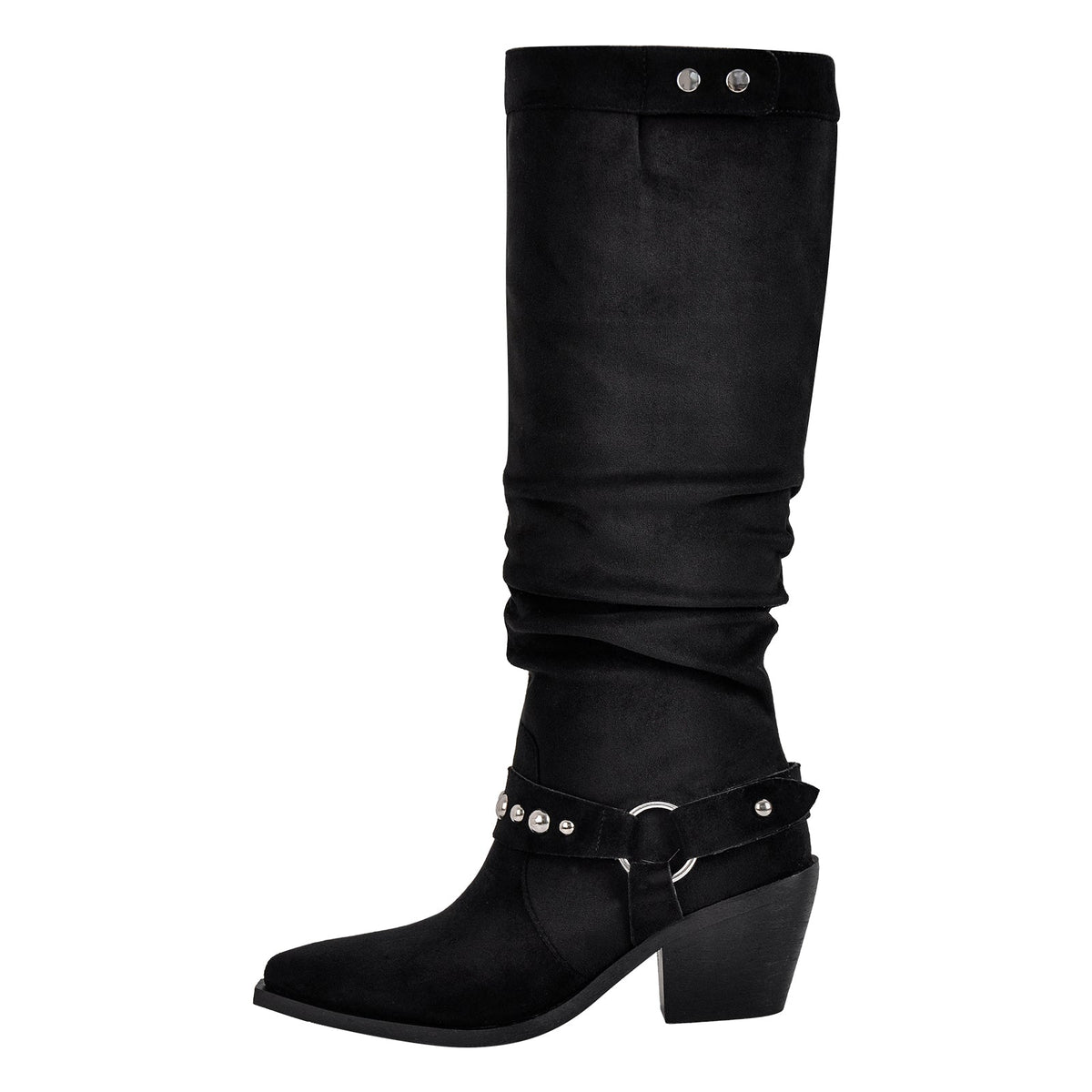 Pointed Toe Rivet Belt Pleated Knee High Boots