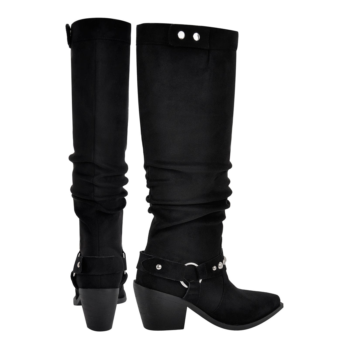 Pointed Toe Rivet Belt Pleated Knee High Boots