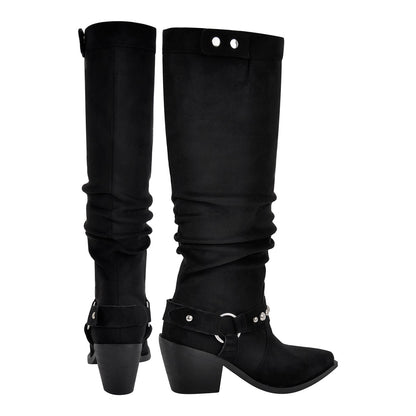 Pointed Toe Rivet Belt Pleated Knee High Boots