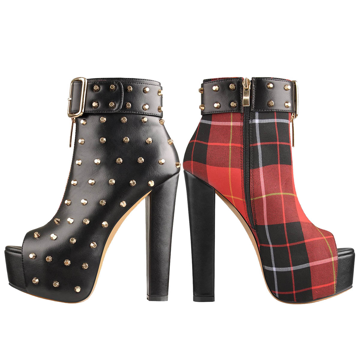 Peep Toe Rivet Leather Canvas Stitching Platform Chunky High Heel Boot