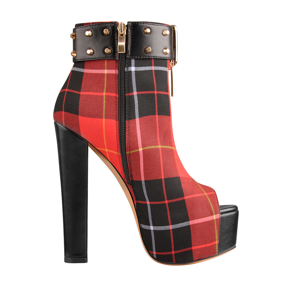 Peep Toe Rivet Leather Canvas Stitching Platform Chunky High Heel Boot