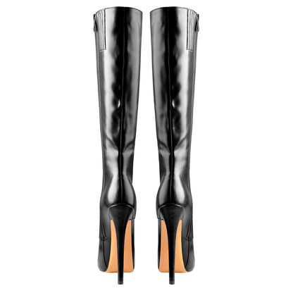 Black Platform Lace-Up Knee High Stiletto Boots
