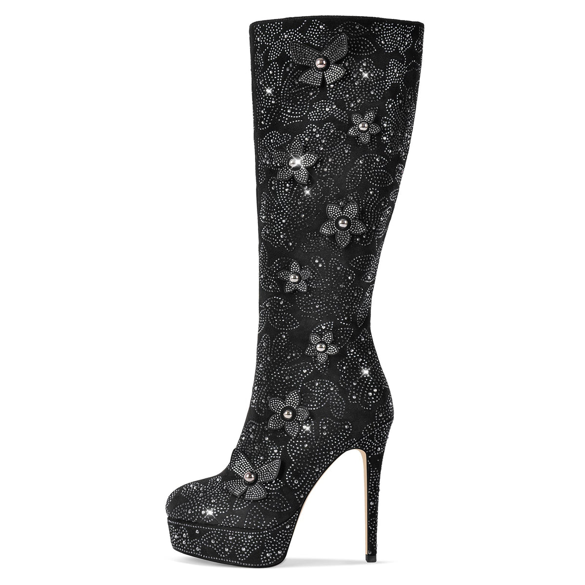 Platform Rhinestone Flower Knee High Boots