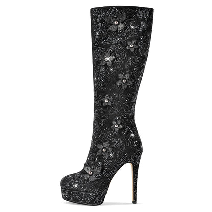 Platform Rhinestone Flower Knee High Boots