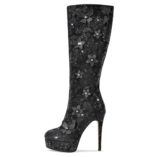 Platform Rhinestone Flower Knee High Boots