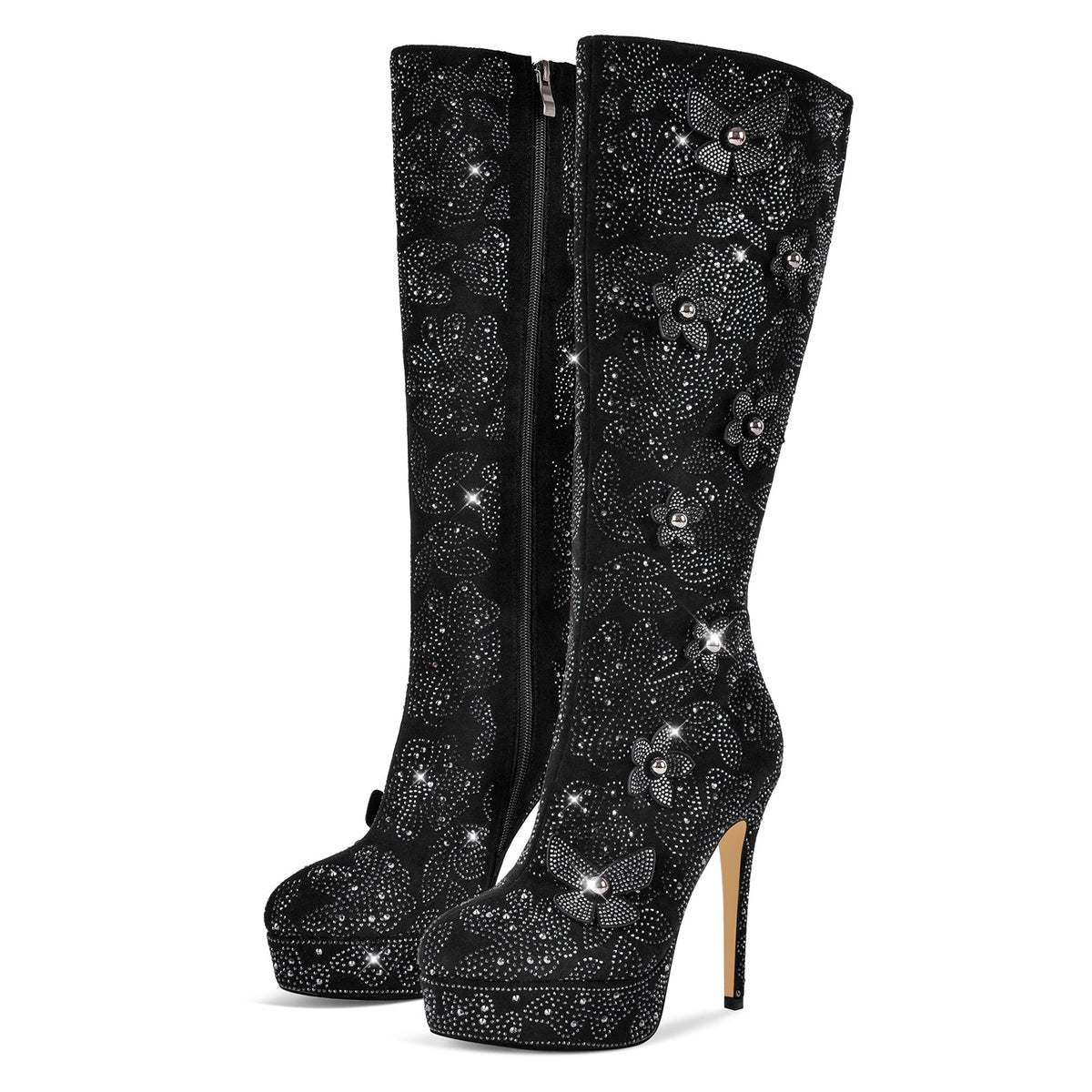 Platform Rhinestone Flower Knee High Boots