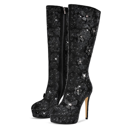 Platform Rhinestone Flower Knee High Boots