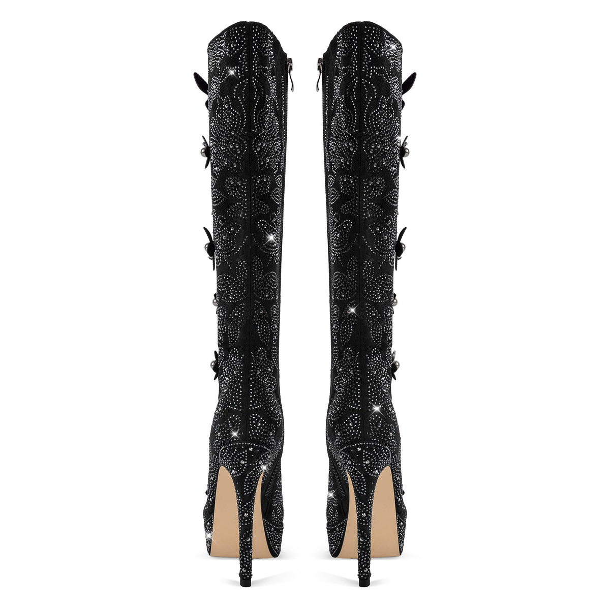 Platform Rhinestone Flower Knee High Boots