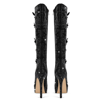 Platform Rhinestone Flower Knee High Boots