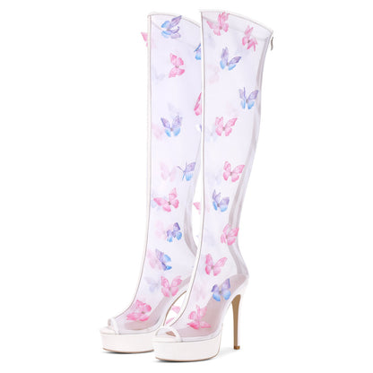 Mesh Open Toe Platform Butterfly Thigh High Boots
