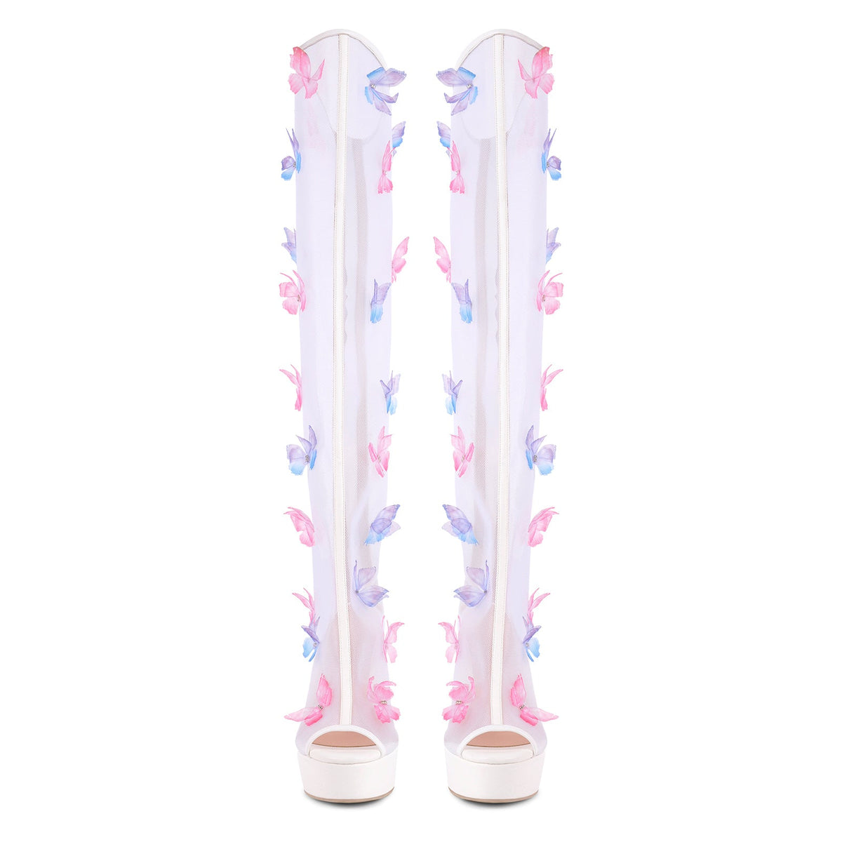 Mesh Open Toe Platform Butterfly Thigh High Boots
