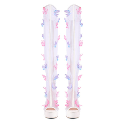 Mesh Open Toe Platform Butterfly Thigh High Boots