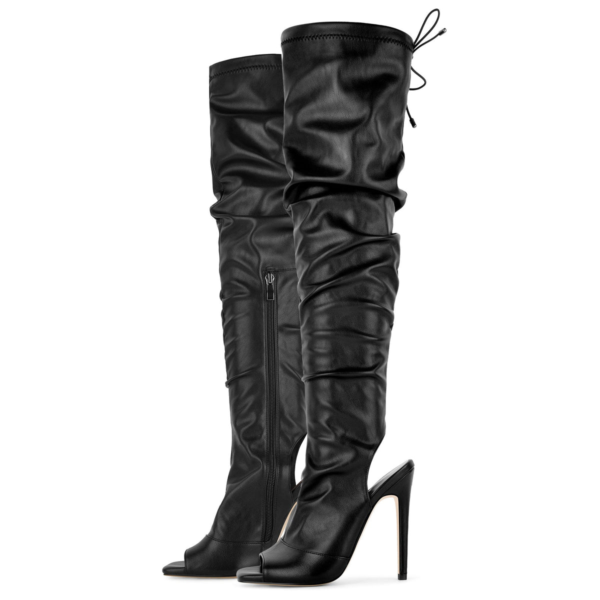 Open Square Toe Lace-up Thigh High Boots