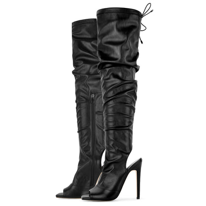 Open Square Toe Lace-up Thigh High Boots