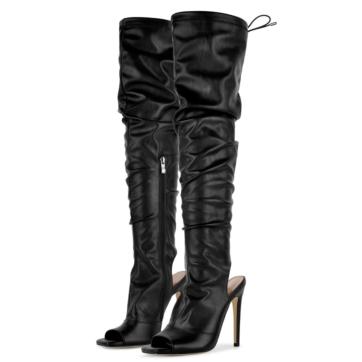 Open Square Toe Lace-up Thigh High Boots