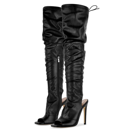 Open Square Toe Lace-up Thigh High Boots