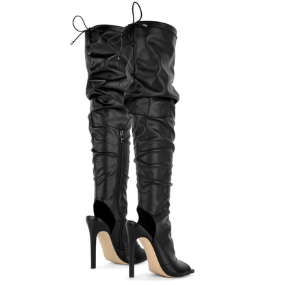 Open Square Toe Lace-up Thigh High Boots