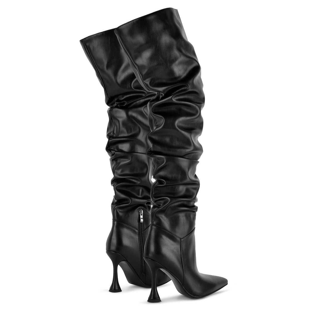 Pointed Toe Ruched Tapered Heel Thigh High Boots