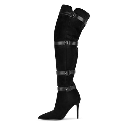 Suede Pointed Toe Buckle Strap Thigh High Boots