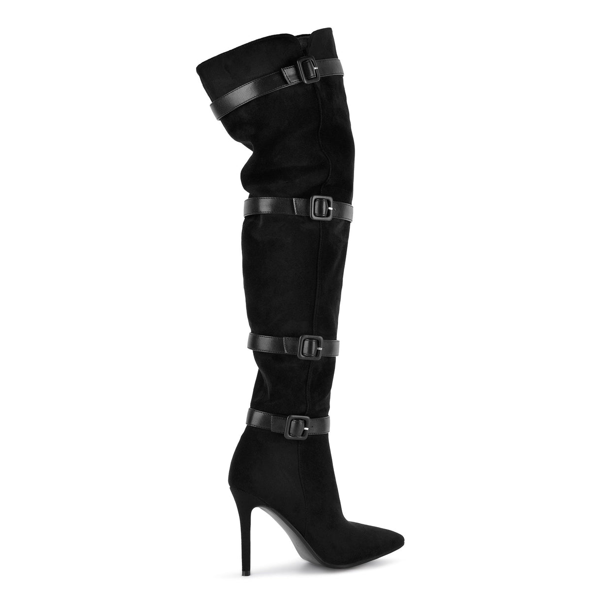 Suede Pointed Toe Buckle Strap Thigh High Boots