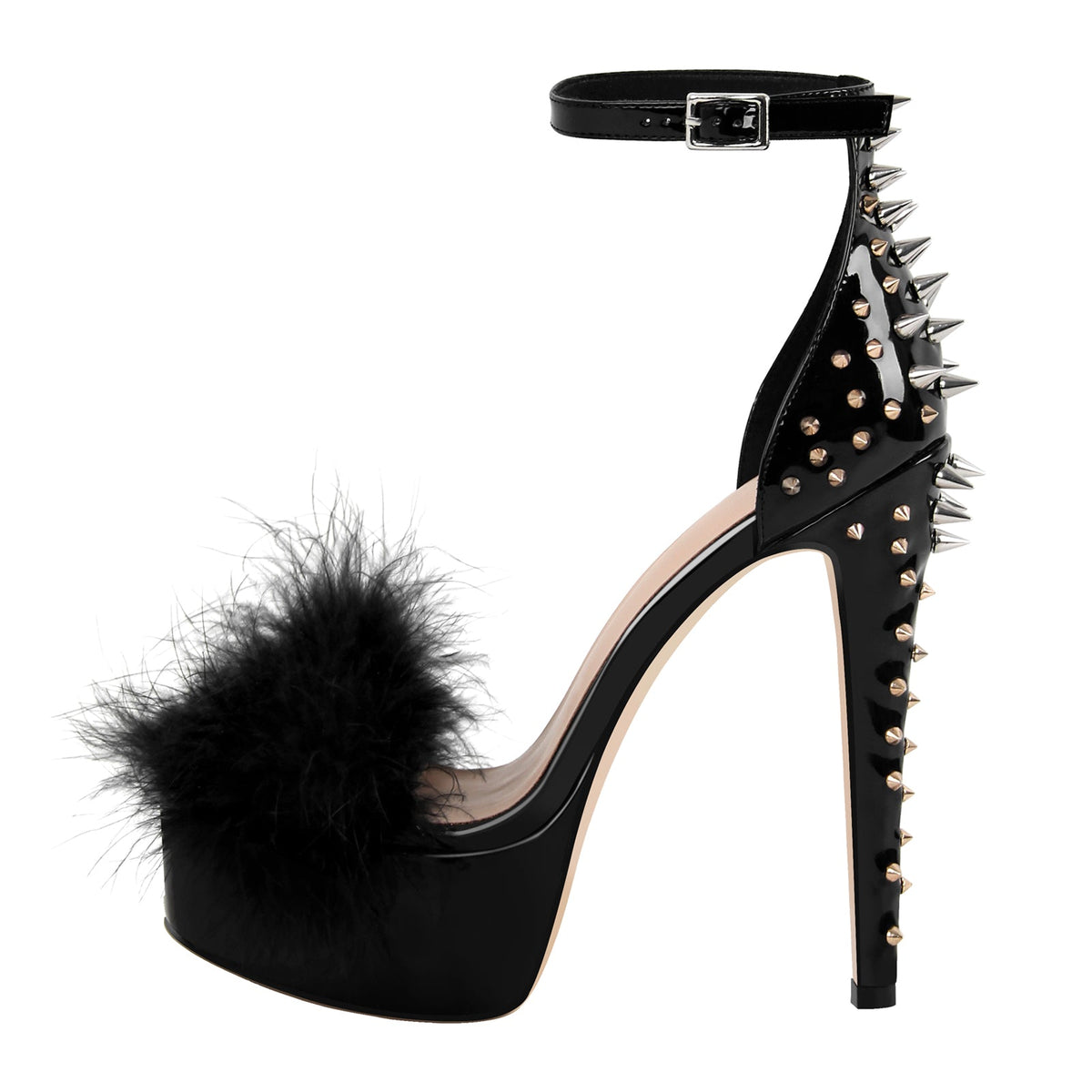 Fur Platform Rivet Ankle Strap Stiletto Sandals