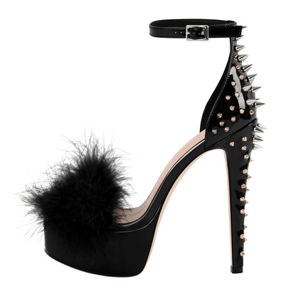 Fur Platform Rivet Ankle Strap Stiletto Sandals