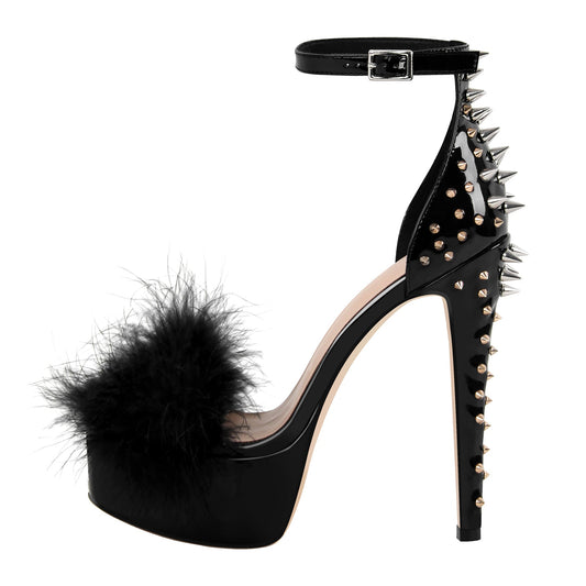 Fur Platform Rivet Ankle Strap Stiletto Sandals