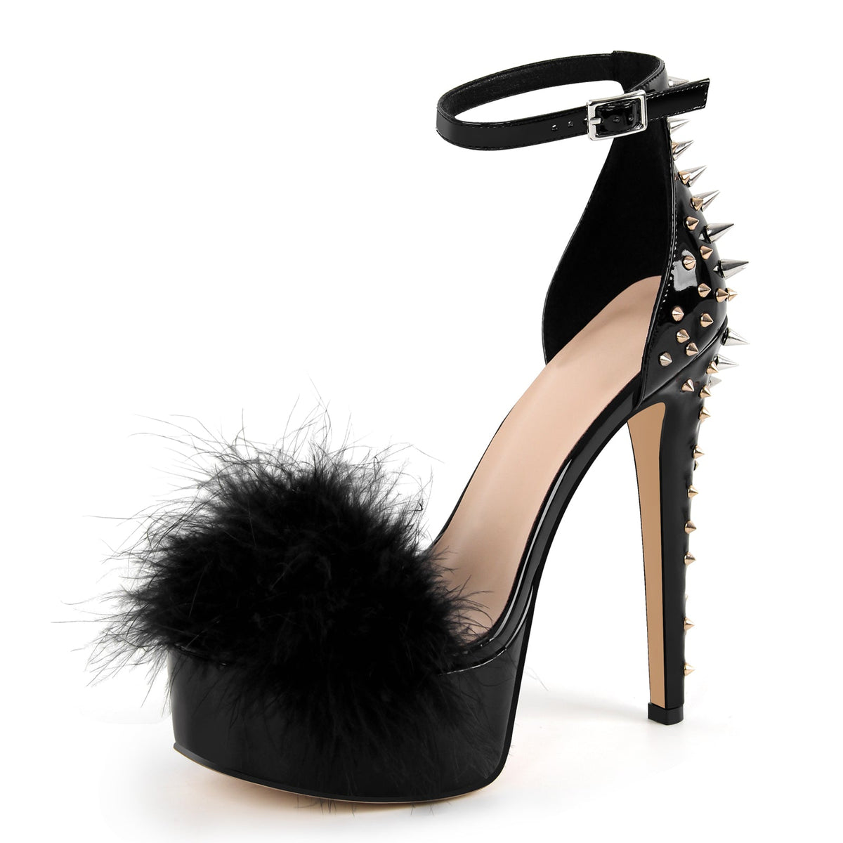 Fur Platform Rivet Ankle Strap Stiletto Sandals