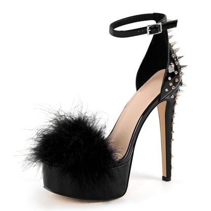 Fur Platform Rivet Ankle Strap Stiletto Sandals