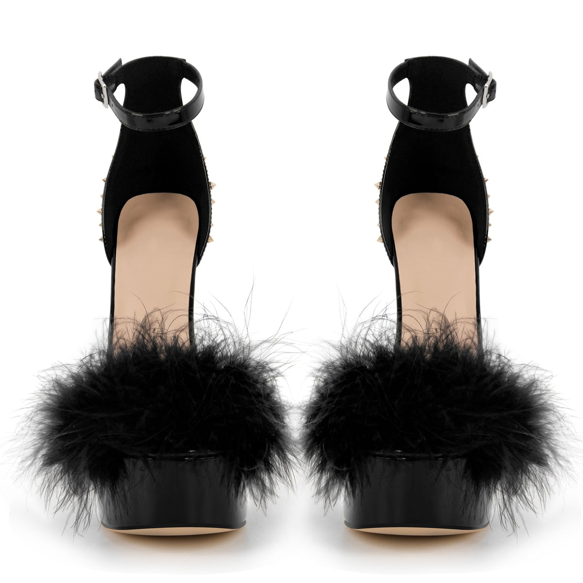 Fur Platform Rivet Ankle Strap Stiletto Sandals