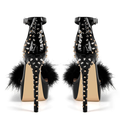 Fur Platform Rivet Ankle Strap Stiletto Sandals