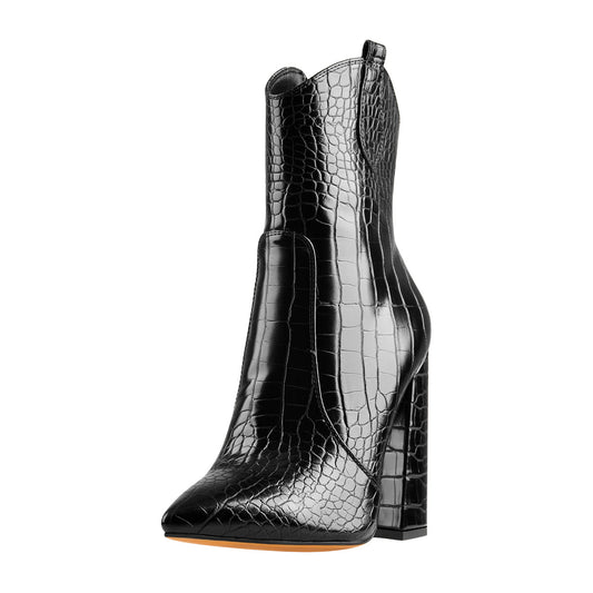 Black Pointed Toe Chunky Ankle Boots