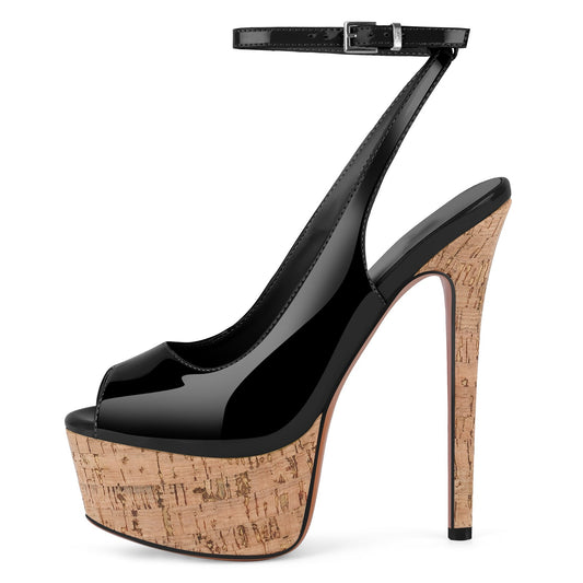 Peep Toe Wood Grain Platform Ankle Strap Slingback Heels