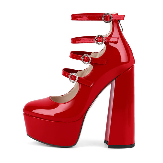 Platform Rhinestone Multi Buckle Strap Pumps