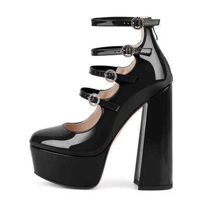 Platform Rhinestone Multi Buckle Strap Pumps