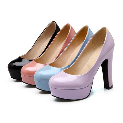 Round Toe Platform Patent Leather Pumps