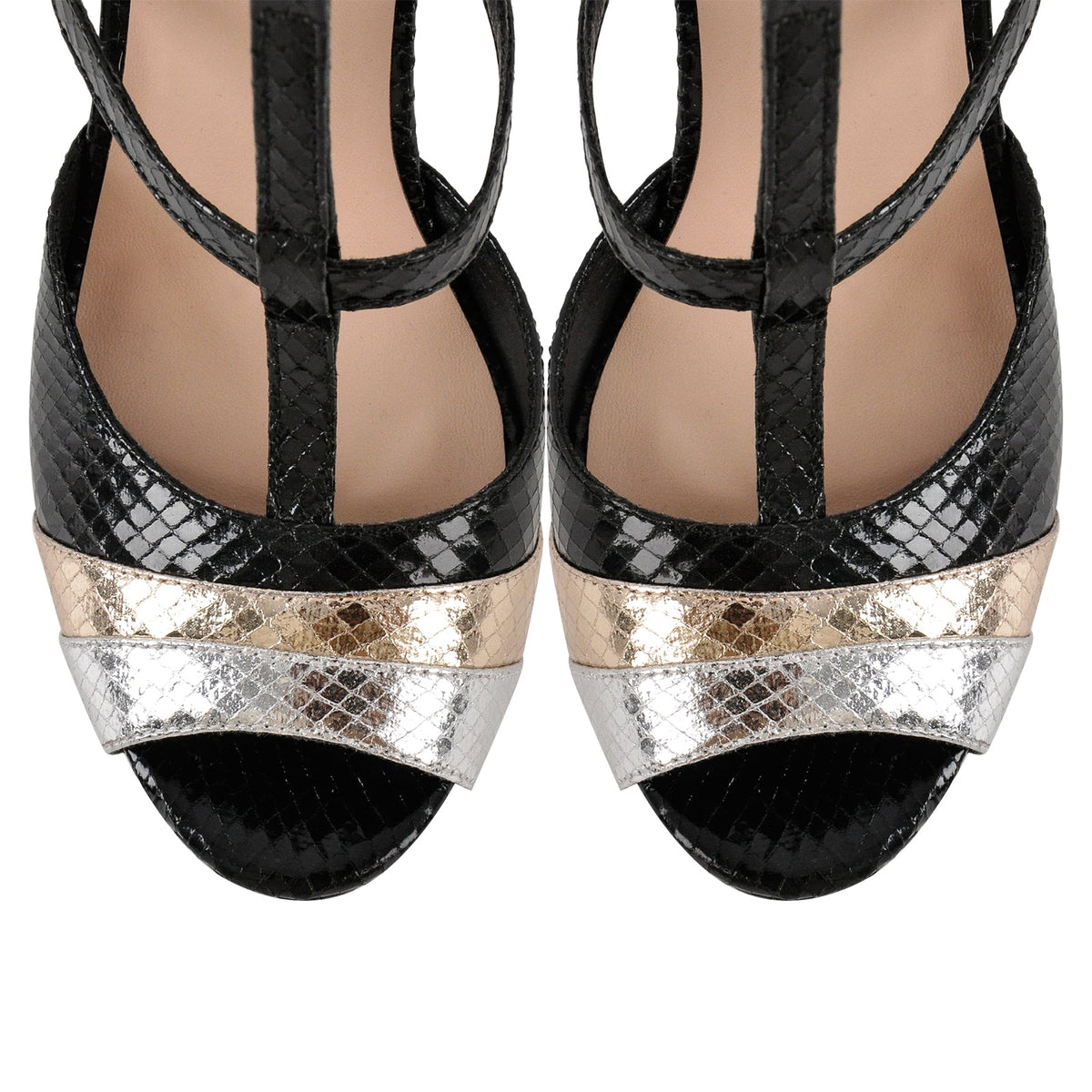 Peep Toe Platform T-Strap Snake Pattern Pumps