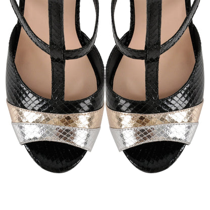 Peep Toe Platform T-Strap Snake Pattern Pumps