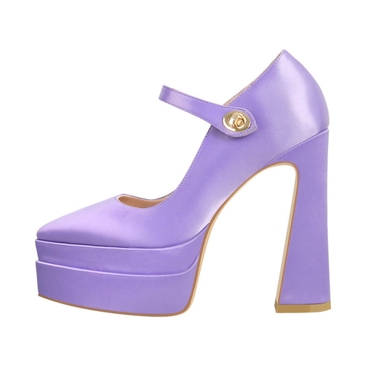 Pointed Toe Platform Satin Mary Jane Pumps