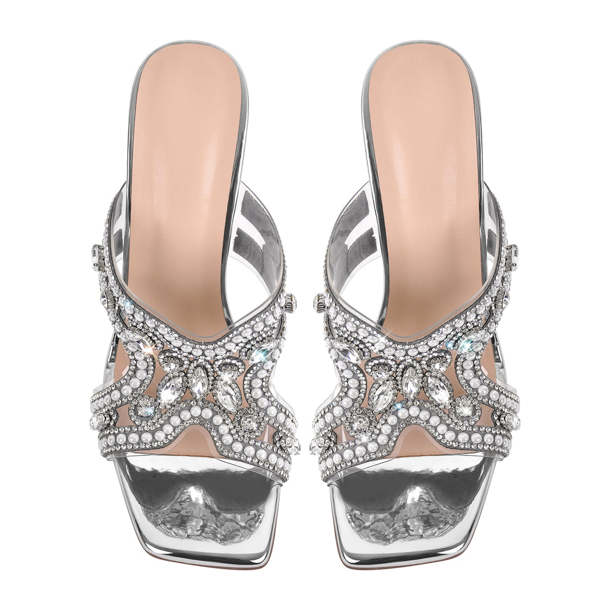 Pearl Rhinestone Square Toe Chunky Heel Sandals