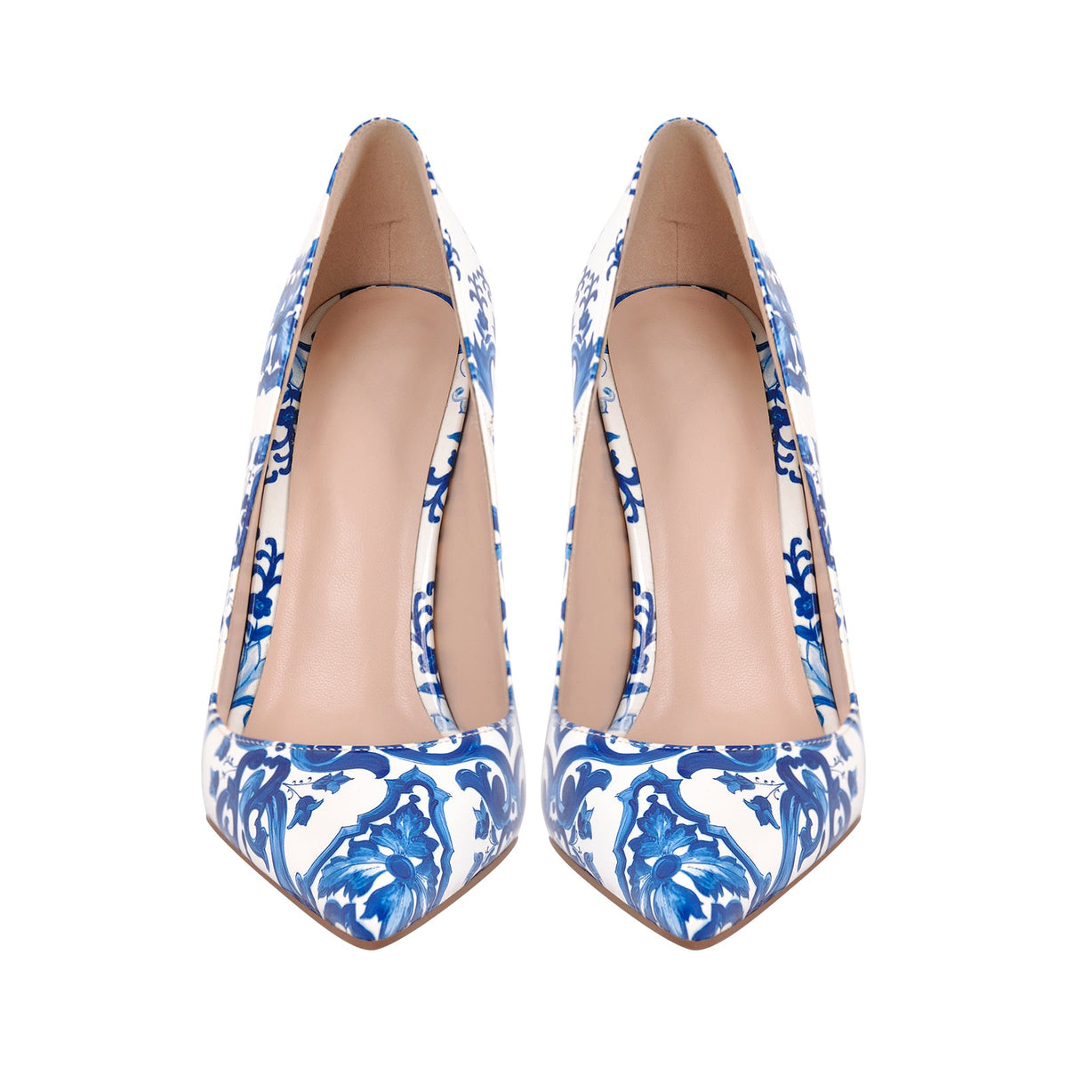 Blue and White Pattern Pointed Toe Pumps