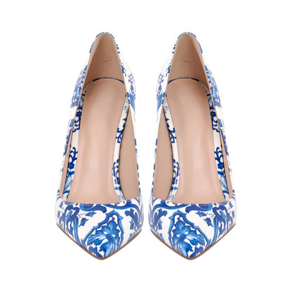 Blue and White Pattern Pointed Toe Pumps