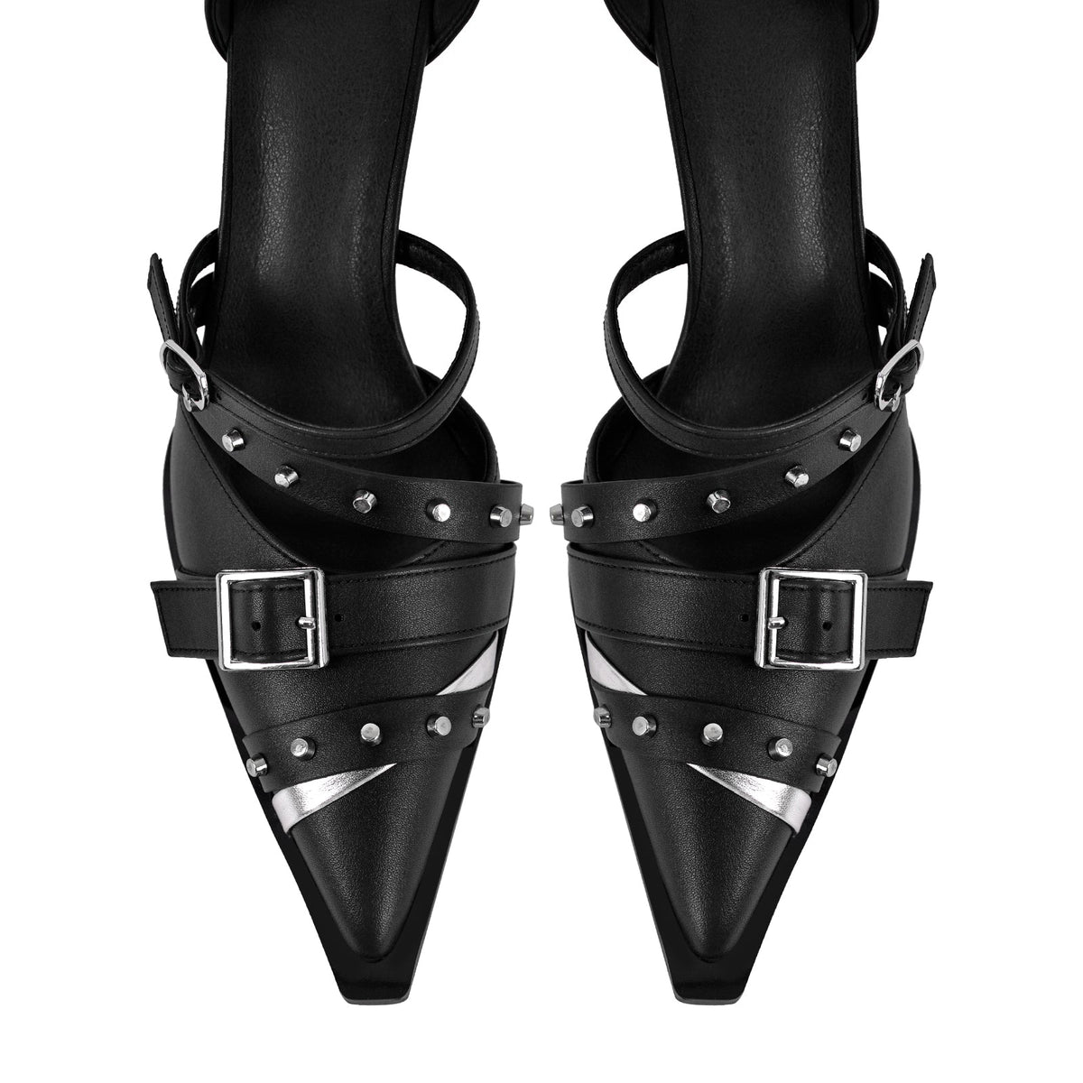 Pointed Toe Rivet Buckle Ankle Strap Pumps