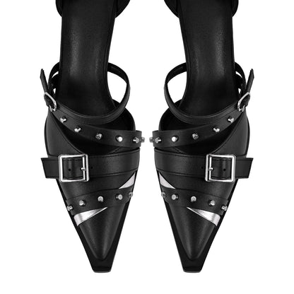 Pointed Toe Rivet Buckle Ankle Strap Pumps