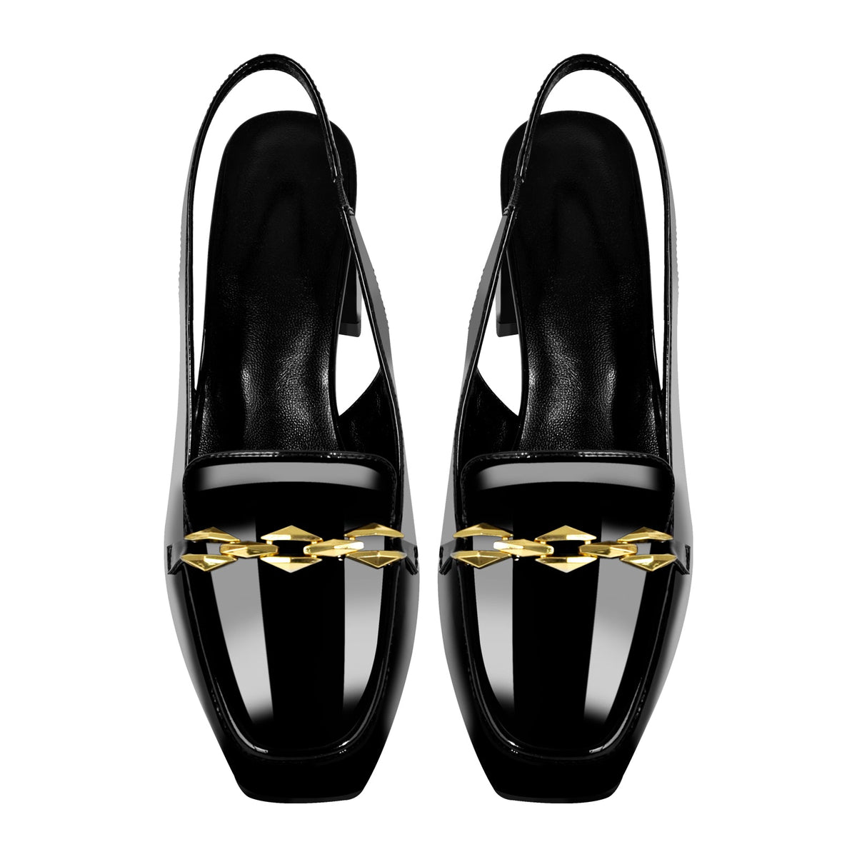 Square Toe Metal Chain Chunky Heel Slingback Pumps
