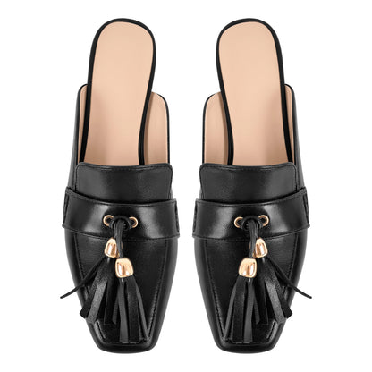 Square Toe Fringe Chunky Heel Mules
